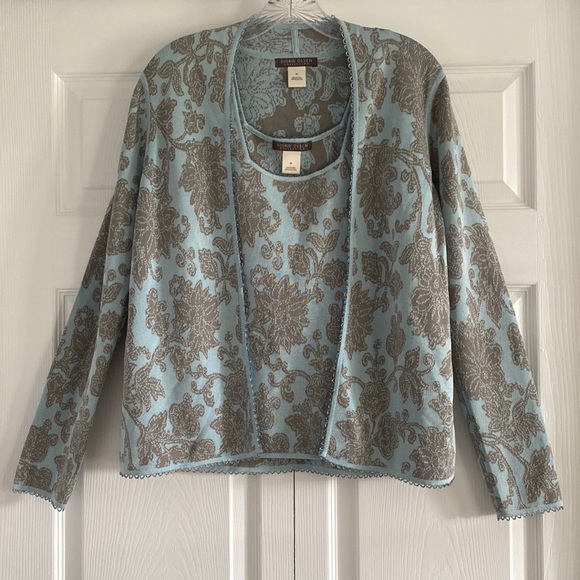 Sigrid Olsen Collection Aqua and Taupe Silk Blend Sweater Set - Size Medium - Picture 2 of 16
